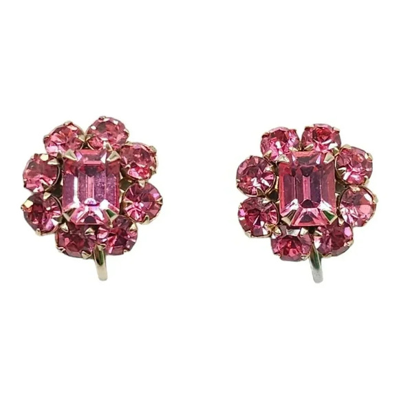 Pink Crystal Rhinestone Flower Earrings Spring Ring Closure Gold Tone Vintage - Picture 1 of 4